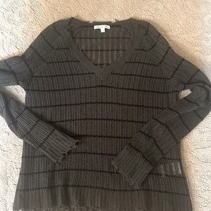 Minnie Rose Grey and black stripped sheer sweater with distressed look.